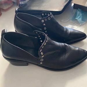 Rebecca minkoff black leather booties with hardware detail & pointed toe